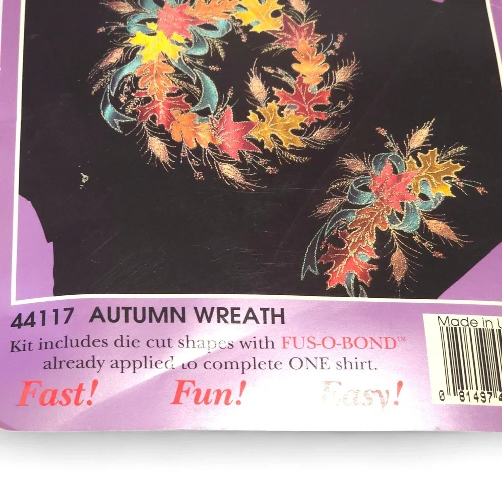 Vintage 1994 Glitzy Shirts Autumn Wreath Iron On Applique Kit 44117 Lame MCM DIY